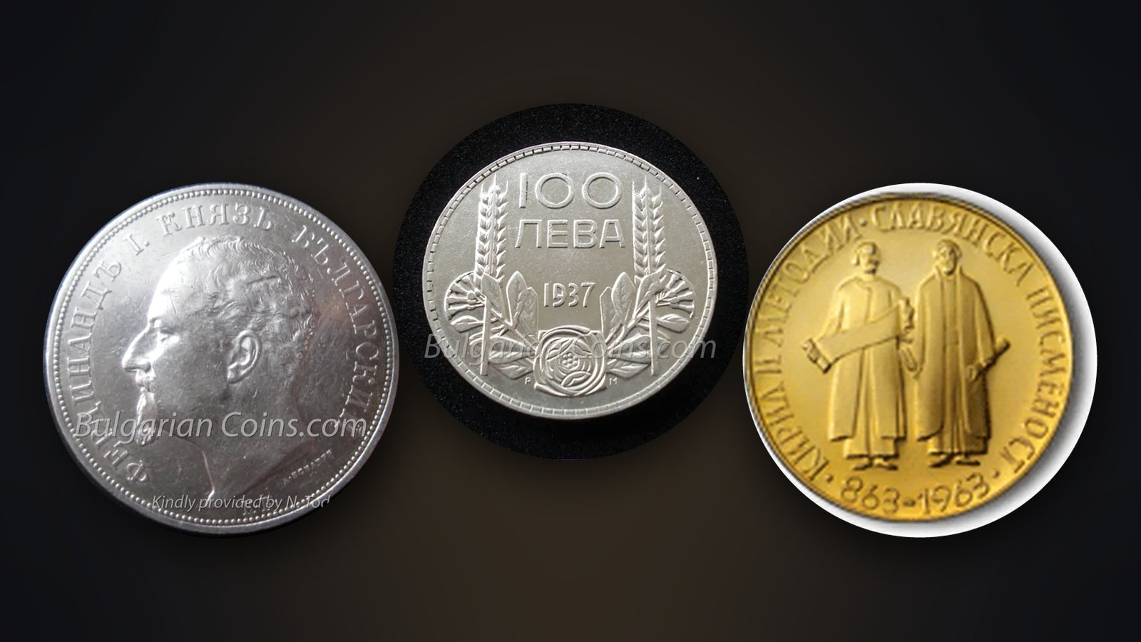 Münzen 5 Lewa 1892, 100 Lewa 1937 und „1100 Jahre slawische Schrift“ 1965 – beschrieben in den Welt- und bulgarischen Katalogen