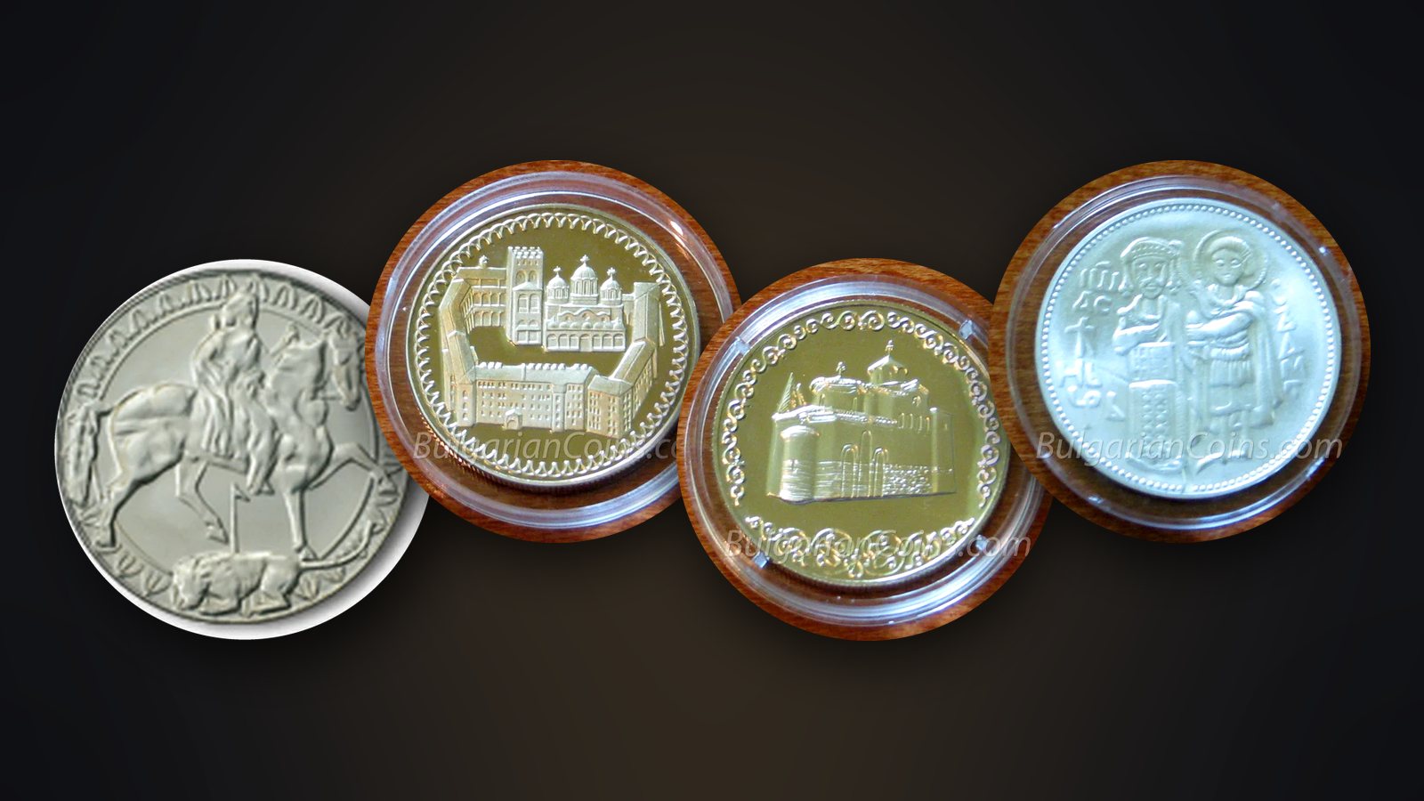 Coins from the 1981 “1300 Years of Bulgaria” programme – the Madara Horseman, the Rila Monastery, the Boyana Church and Ivan Asen II