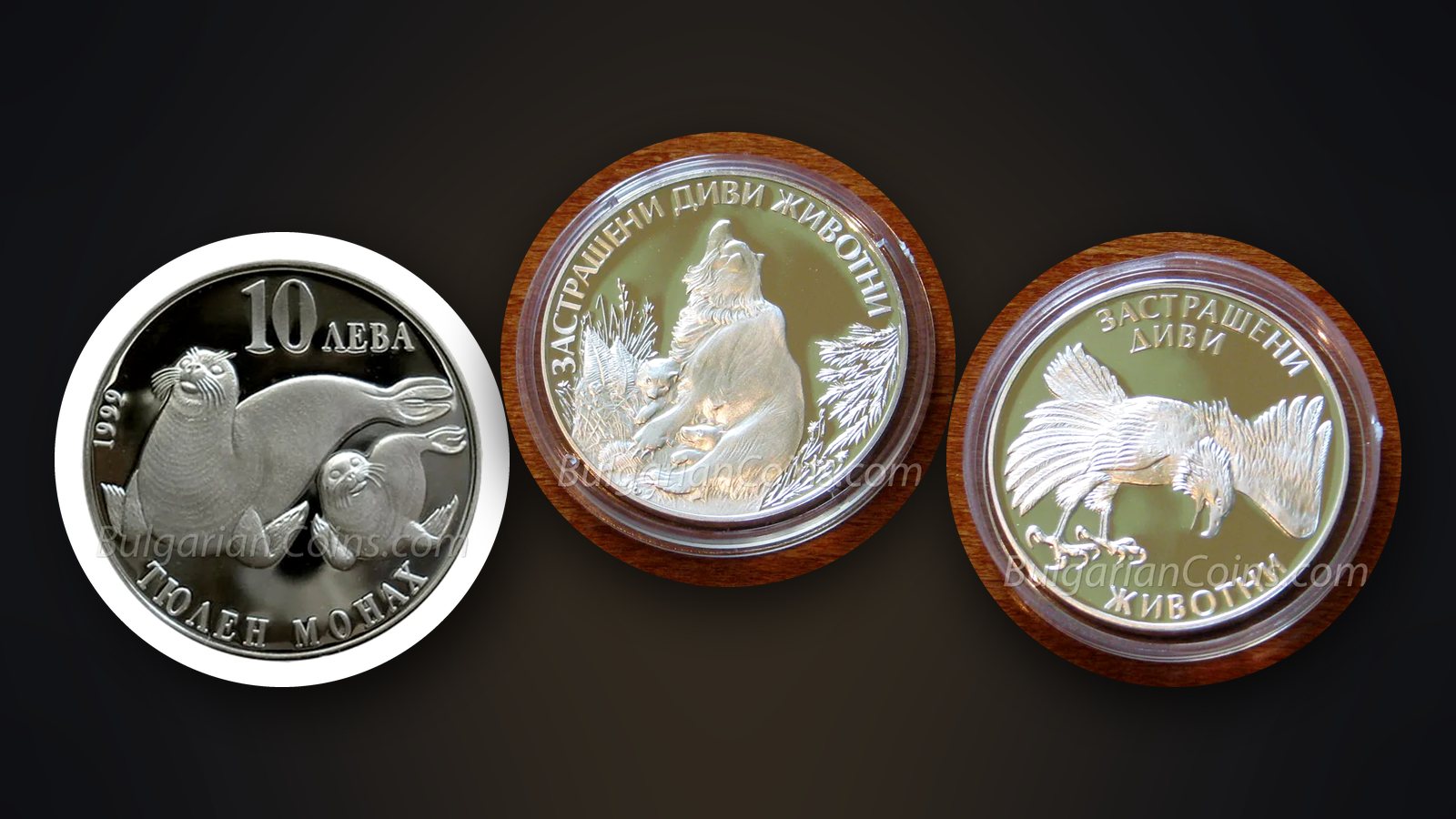 Silbermünzen mit Tieren – „Mönchsrobbe“ 1999, „Bären“ 1989 und „Kaiseradler“ 1992