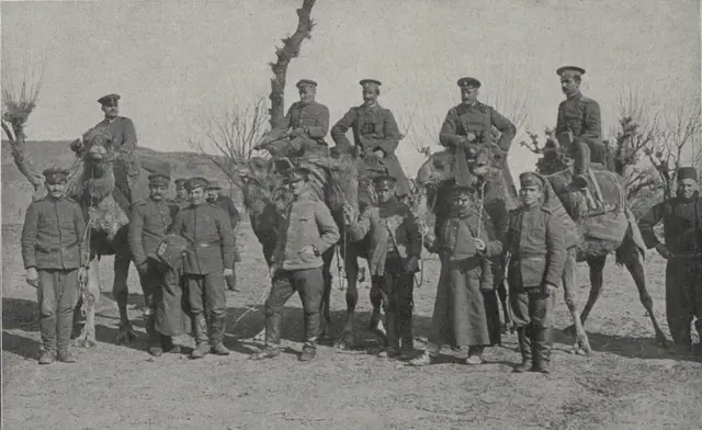 Bulgarian soldiers with camels on the Macedonian front, 1916